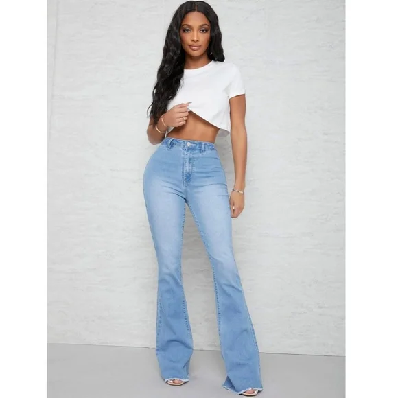 Flared Leg Blue Jeans High Waist for Curvy Hips Long Denim Bell Bottom - Picture 7 of 8